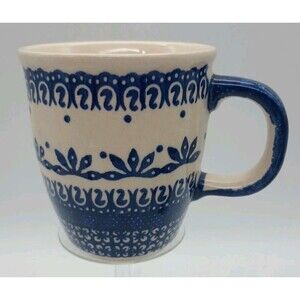 Polish Boleslawiec Blue  Mug Hand Painted 3.75” Folk Art Pottery